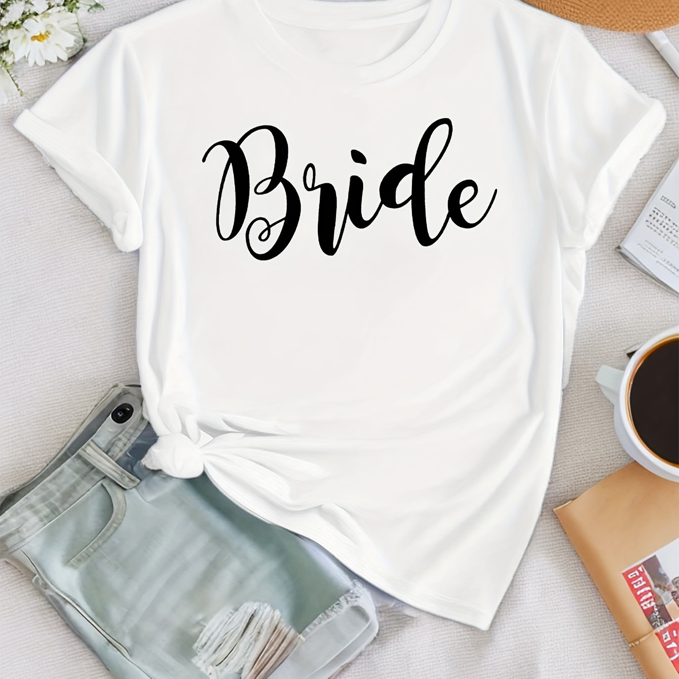 

Fashion Letters Bride Print T-shirt, Short Sleeve Crew Neck Casual Top For Summer & Spring, Women's Clothing
