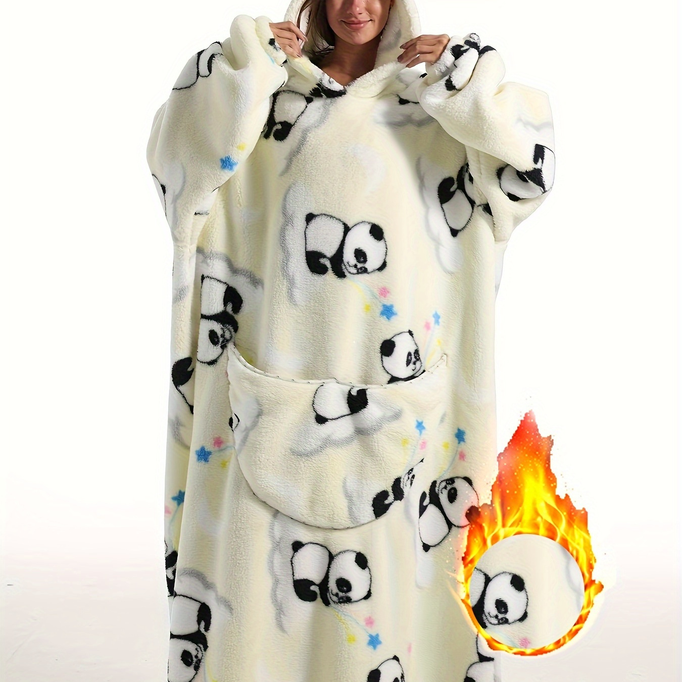 

Plus Size Oversized Fleece Hooded Wearable Tv-blanket, Women's Plus Cute Pattern Fluffy Cozy Flannel Loungewear Robe With Pockets