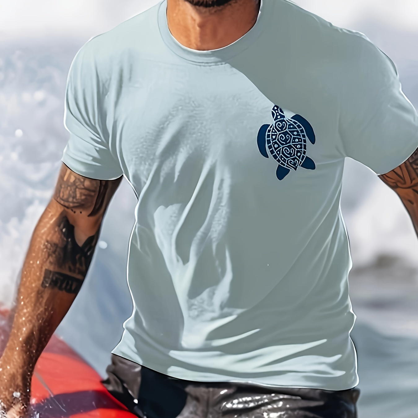 

T-shirt à col rond et manches courtes pour homme, style ethnique, motif tortue de mer, pour les loisirs d'été et les vacances à la plage, haut décontracté et chic de style hawaïen pour homme
