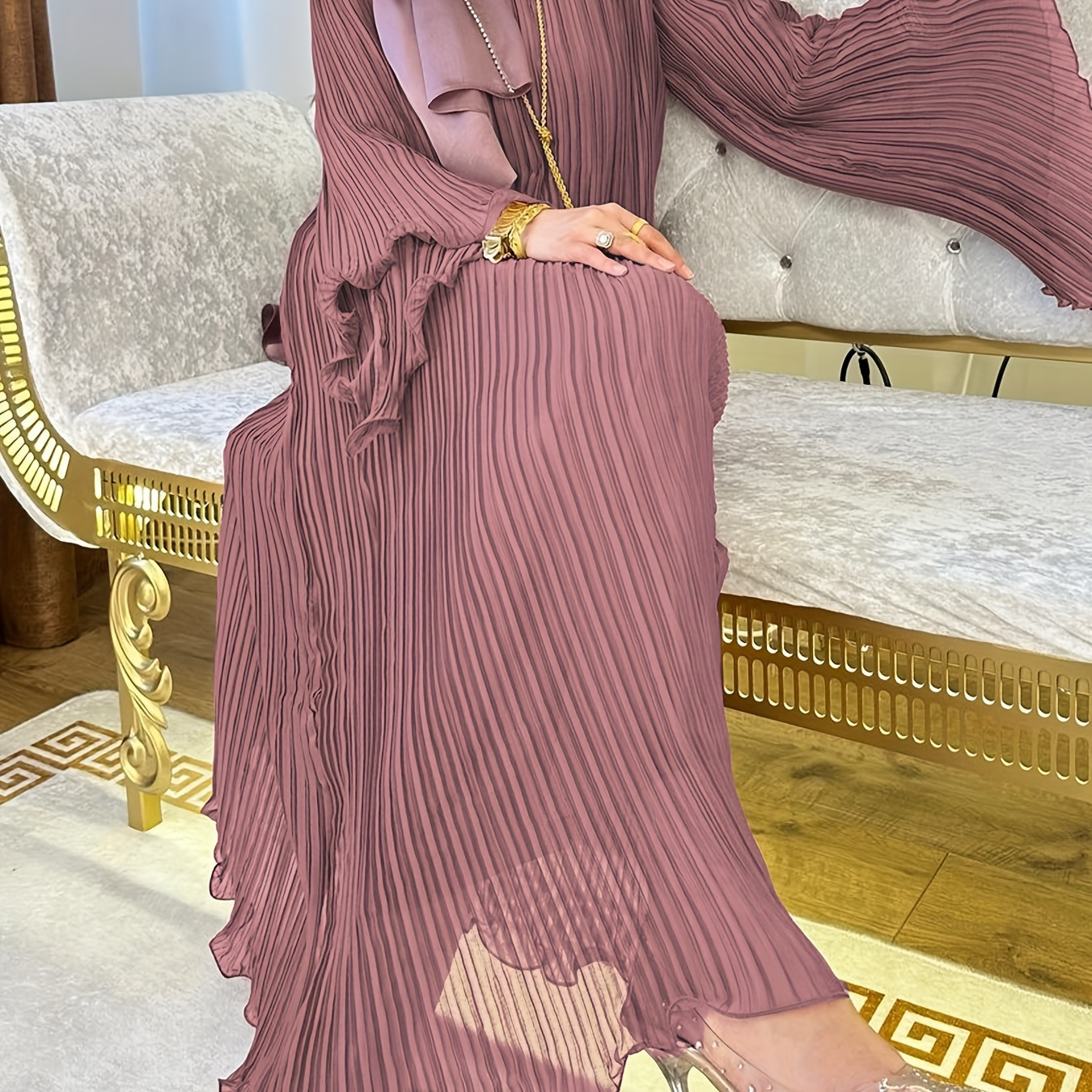 

Pleated Flare Long Sleeve Abayas Dress, Elegant Lettuce Trim Maxi Length Dress, Women's Clothing
