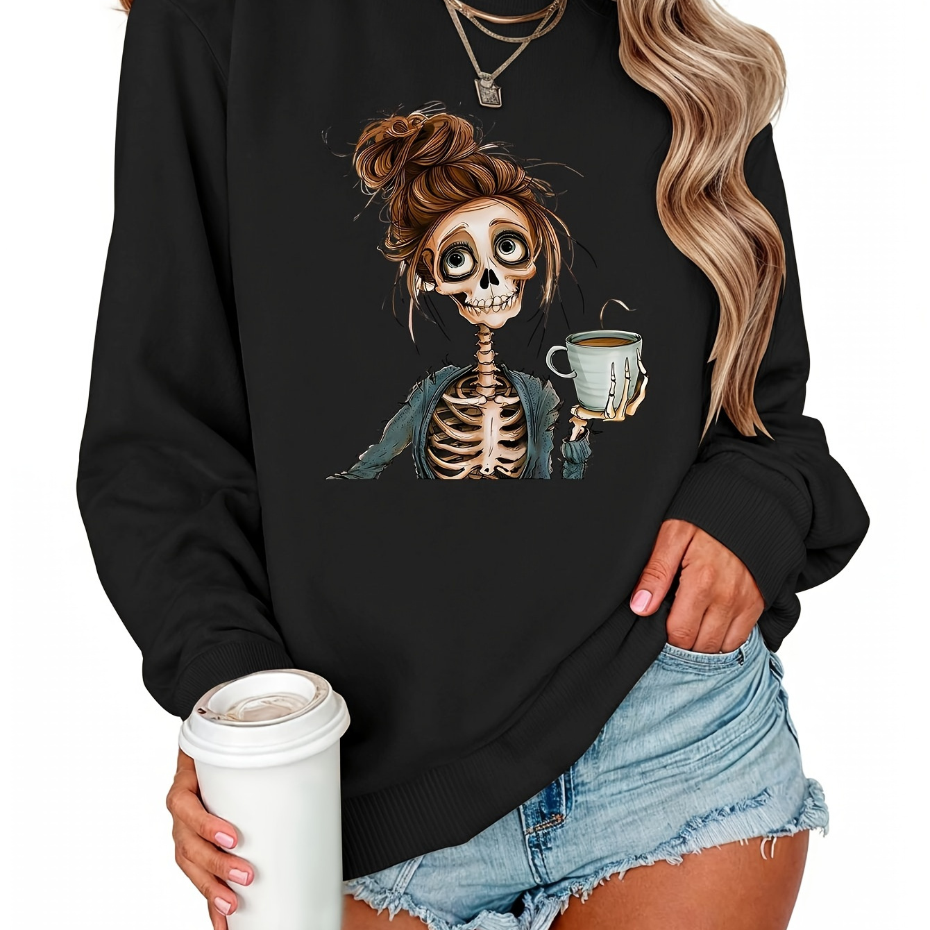 

Women's Casual Themed Sweatshirt With Skull Design, Polyester Knit Fabric, Round Neck, Fall/winter Collection - No Cap