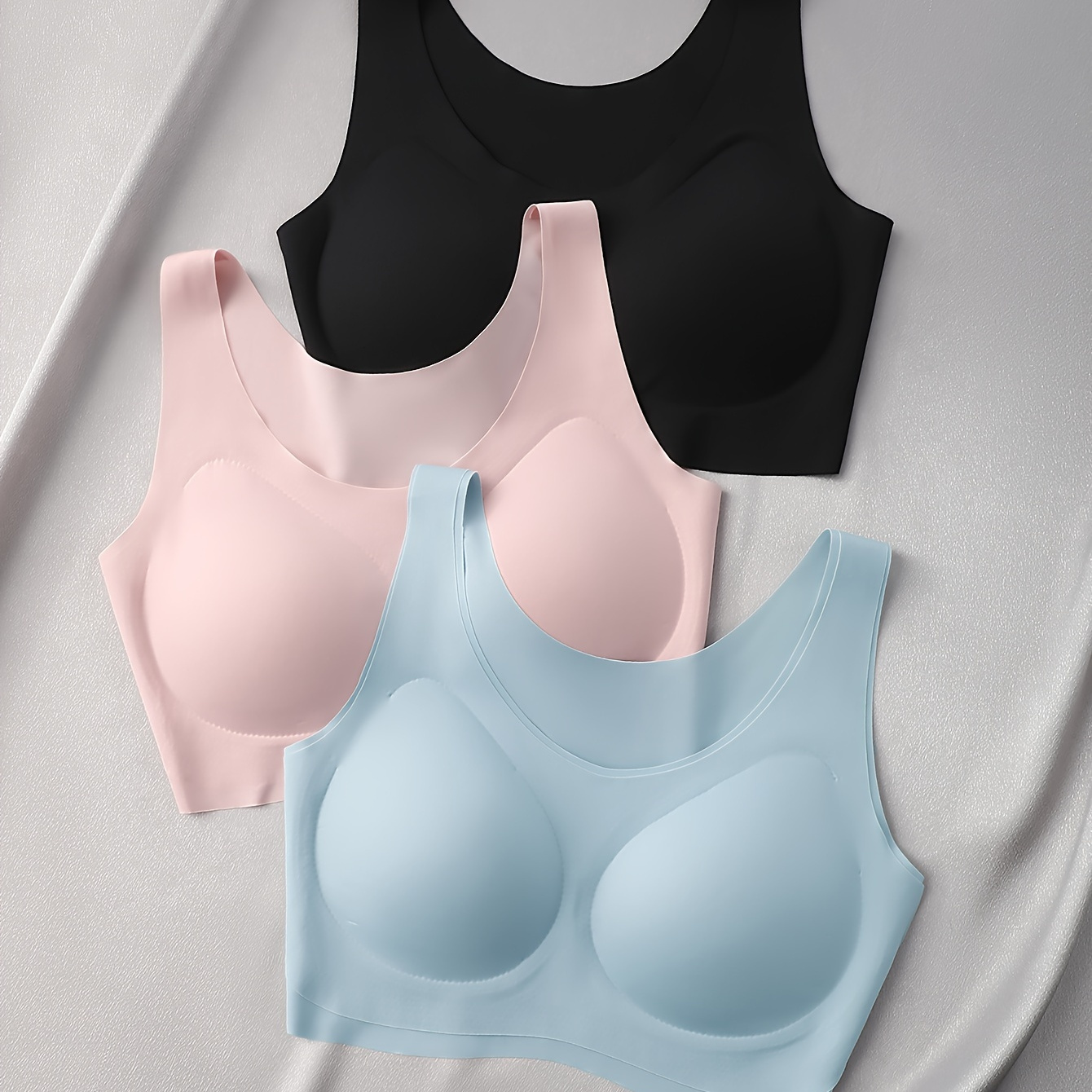 

3-pack Women' Bralettes, Comfortable Breathable Sports Bra, Wireless Nylon With Spandex Lining, Solid Color, Mid-, Adult Size, Knitted Fabric, Elegant Series