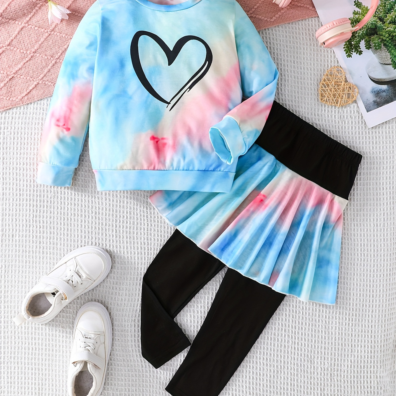 

Kids Tie-dye Long Sleeve Sweatshirt And Skirted Leggings Set - Polyester Outfit Slight - /fall Set, For