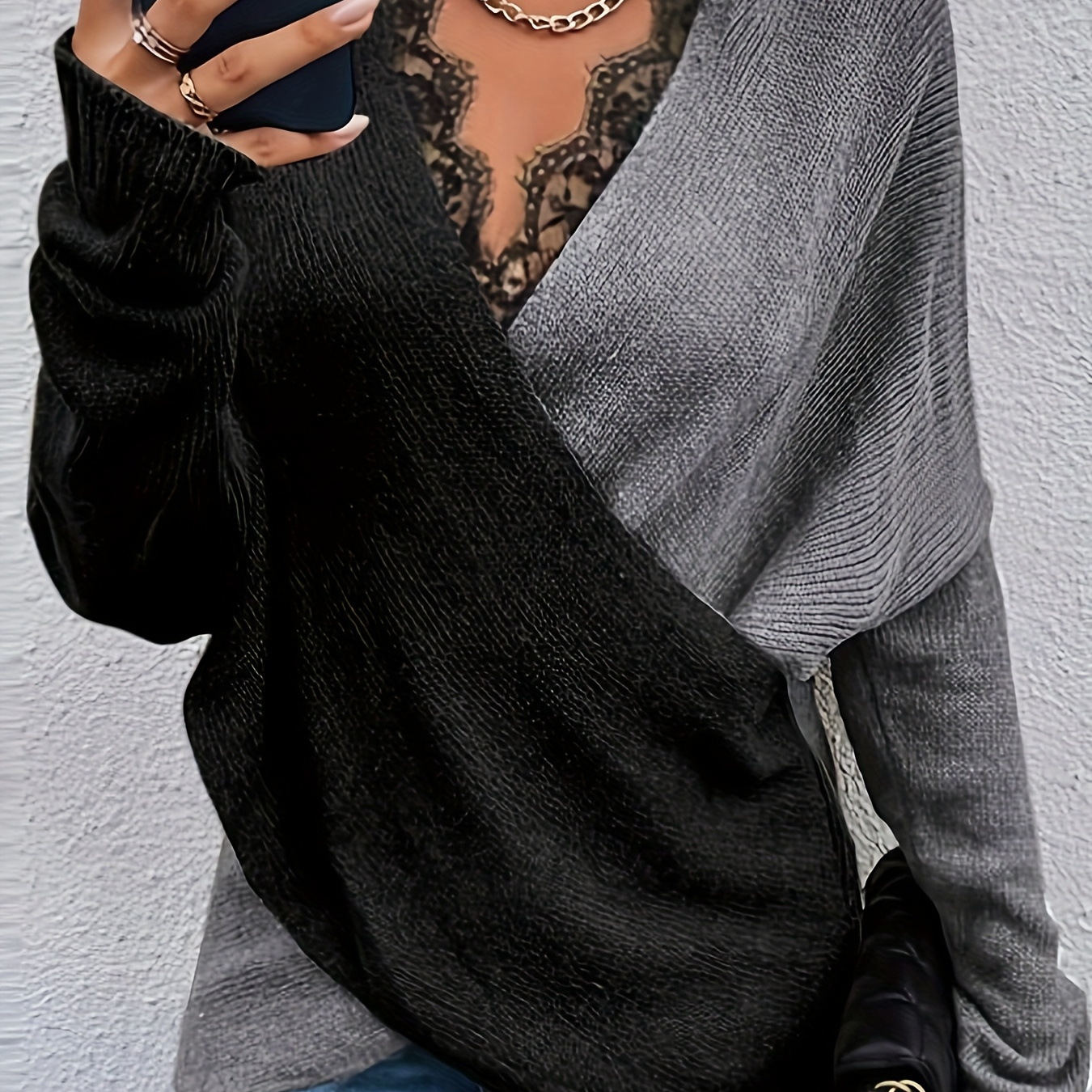 

Elegant Lace-trim V-neck Sweater For Women - , High Stretch Knit Pullover, Fall/winter