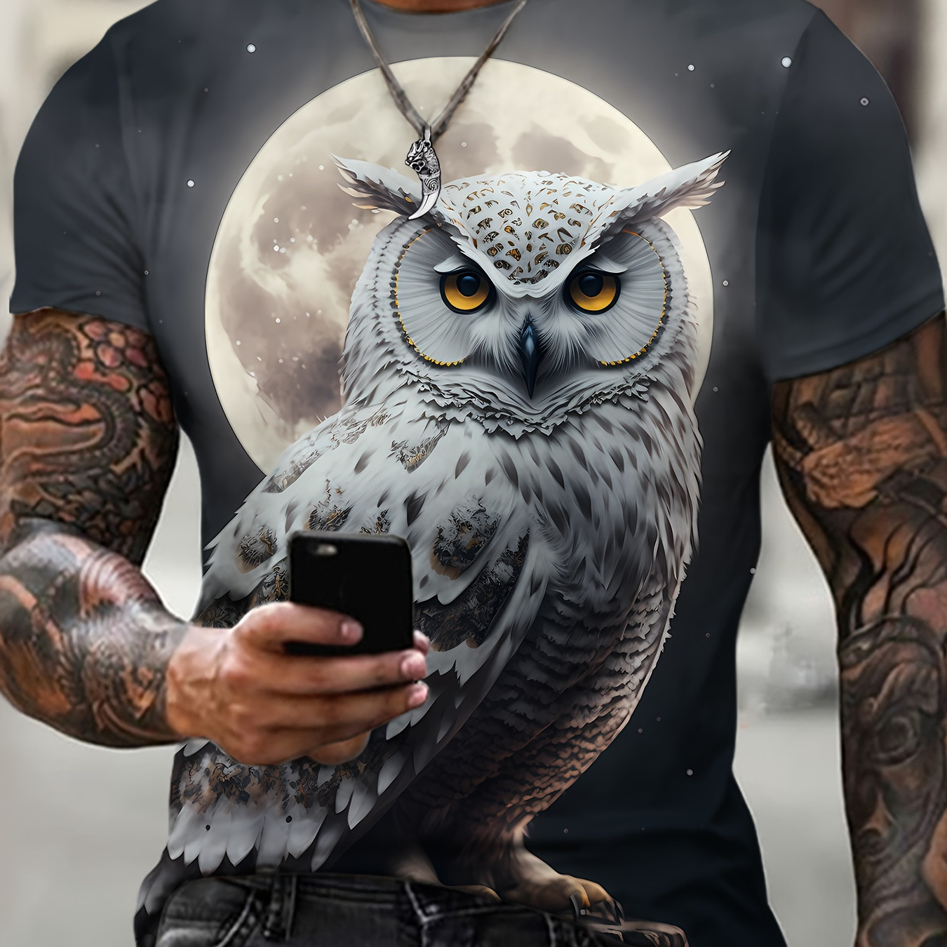 

Men's Owl Graphic Print T-shirt, Active Short Sleeve Crew Neck Tee, Men's Clothing For Summer Outdoor Fitness Workout