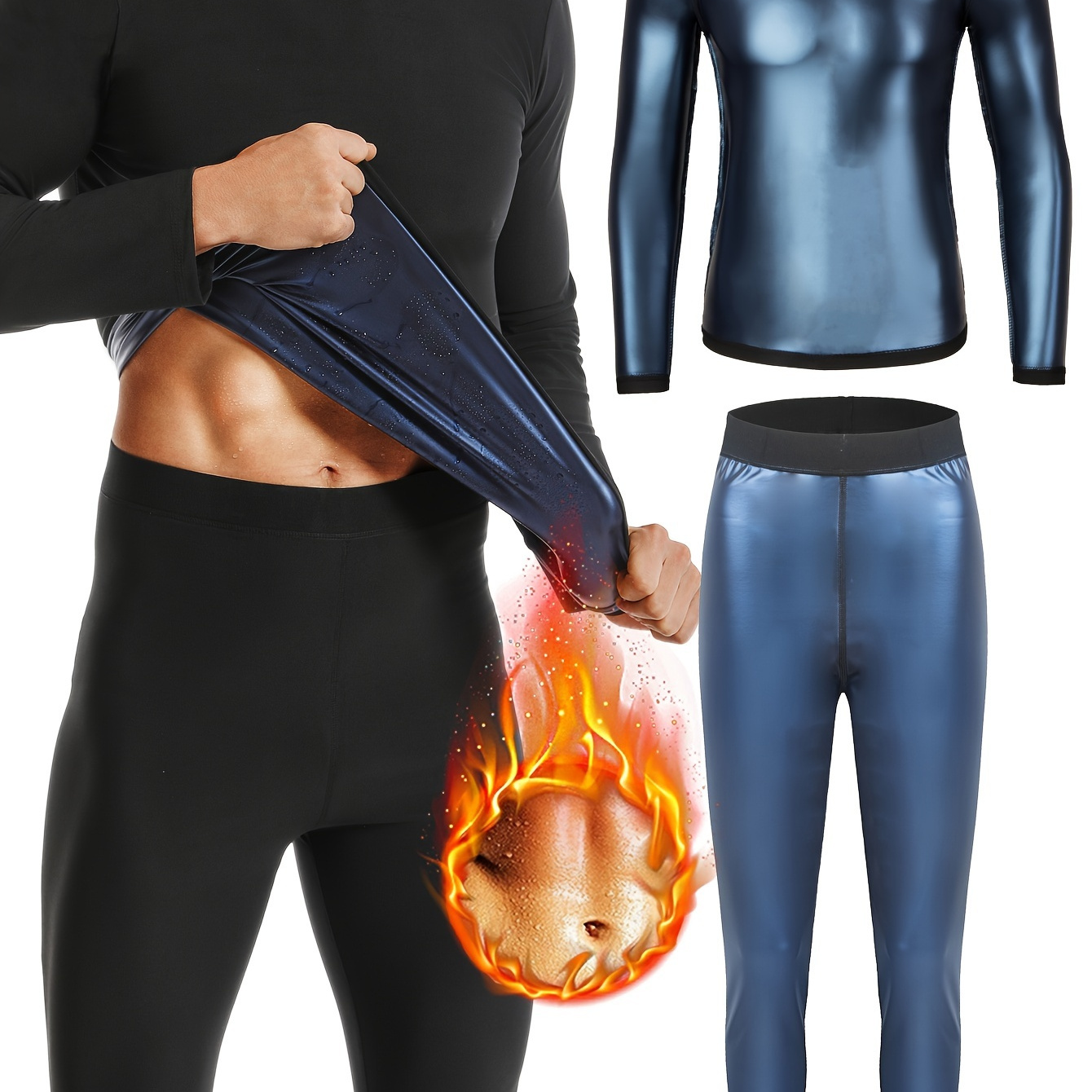 

Men's Sauna Sweat Suit Set - Long Sleeve Compression Top & Compression Pants For Sports, Running, Fitness, Yoga & Training