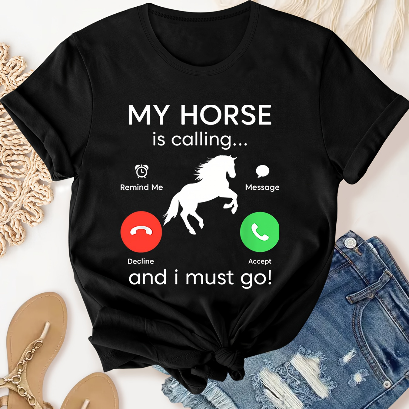 

My Horse Is Calling Me I Have To Go Print Graphic Round Neck Sports Tee, Short Sleeves Casual Workout T-shirt Top, Women's Activewear
