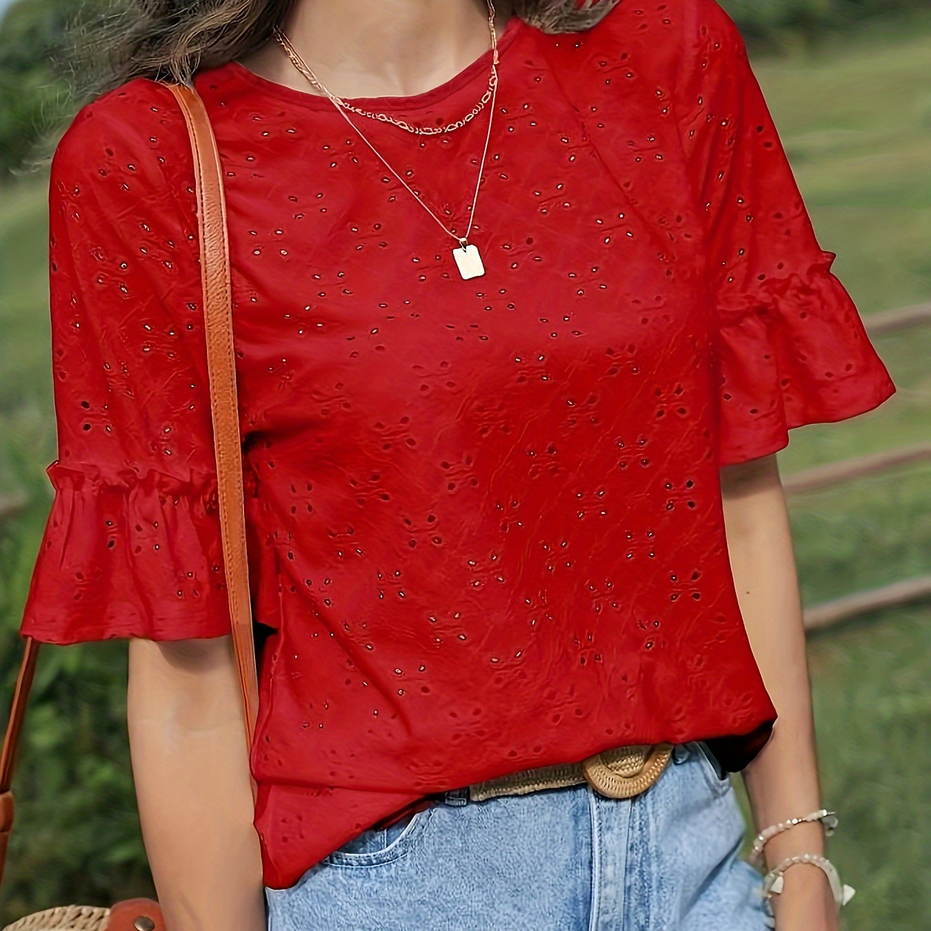 

Solid Color Eyelet Crew Neck T-shirt, Casual Flare Sleeve Top For Spring & Summer, Women's Clothing