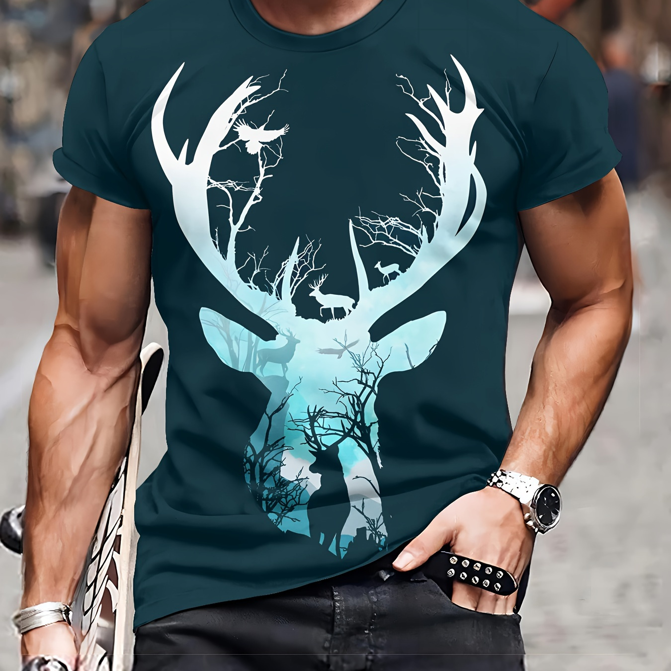 

Novelty 3d Deer Head Pattern Print Men's Crew Neck Short Sleeve T-shirt, Casual Summer T-shirt For And Vacation Resorts