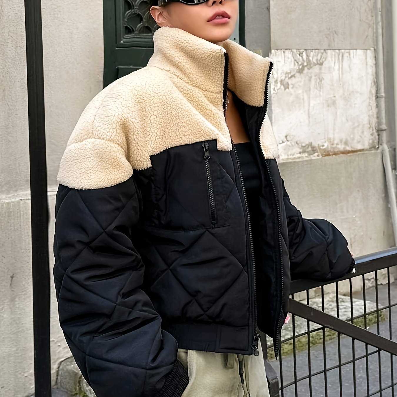 

Manteau zippé en matières mélangées, manteau matelassé décontracté à manches longues pour et l'hiver, vêtements pour femmes