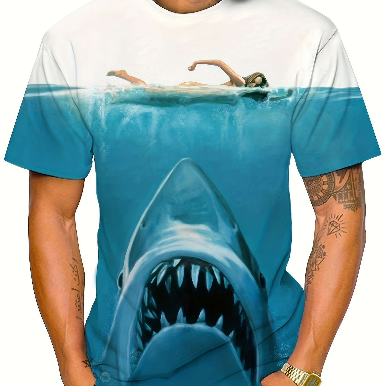

Men's Thrill Style 3d Digital Shark Swimming Female Figure Pattern Print T-shirt With Crew Neck And Short Sleeve, Tops For Summer Outdoors Wear