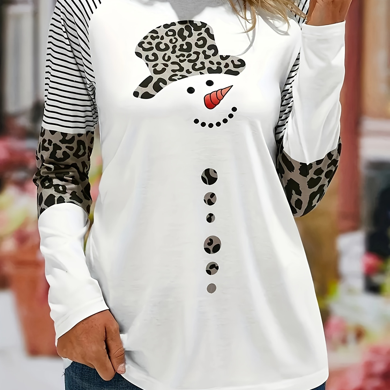 

Plus Size Christmas Casual T-shirt, Women's Plus Colorblock Leopard & Snowman & Stripe Print Long Sleeve Round Neck Medium Stretch T-shirt