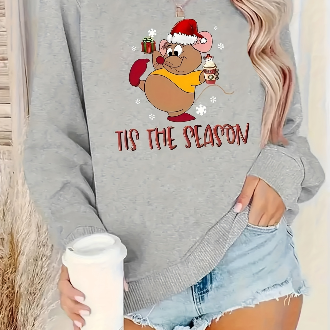 

Women's Cartoon Christmas Sweatshirt, Crew Neck, Soft Micro Polyester, Knit Fabric, 250gsm, Casual Alphabet Print Top For Fall/winter Season