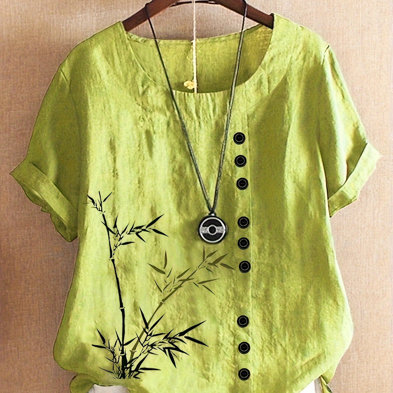 

Plus Size Bamboo Print Cotton Blouse, Casual Button Decor Crew Neck Short Sleeve Blouse For Spring & Summer, Women's Plus Size Clothing