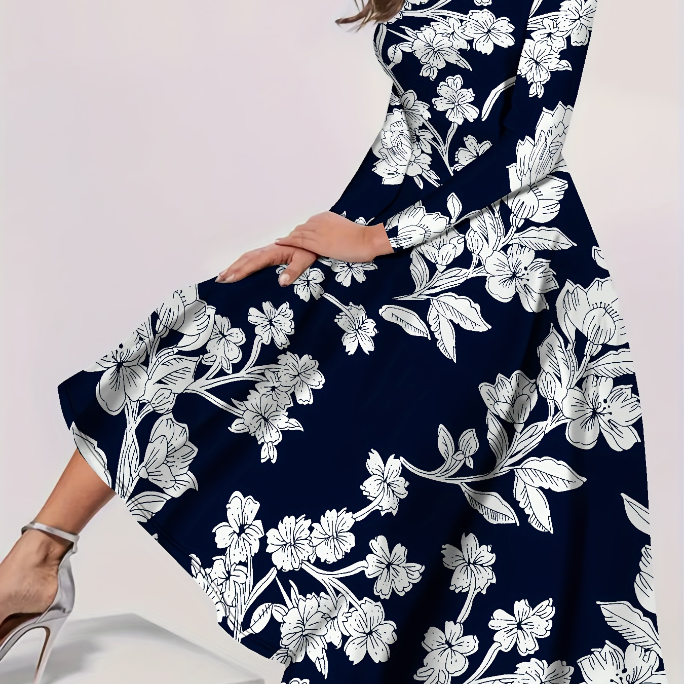 

Robe mi-longue à col rond à imprimé floral, robe décontractée à manches longues pour et , vêtements pour femmes