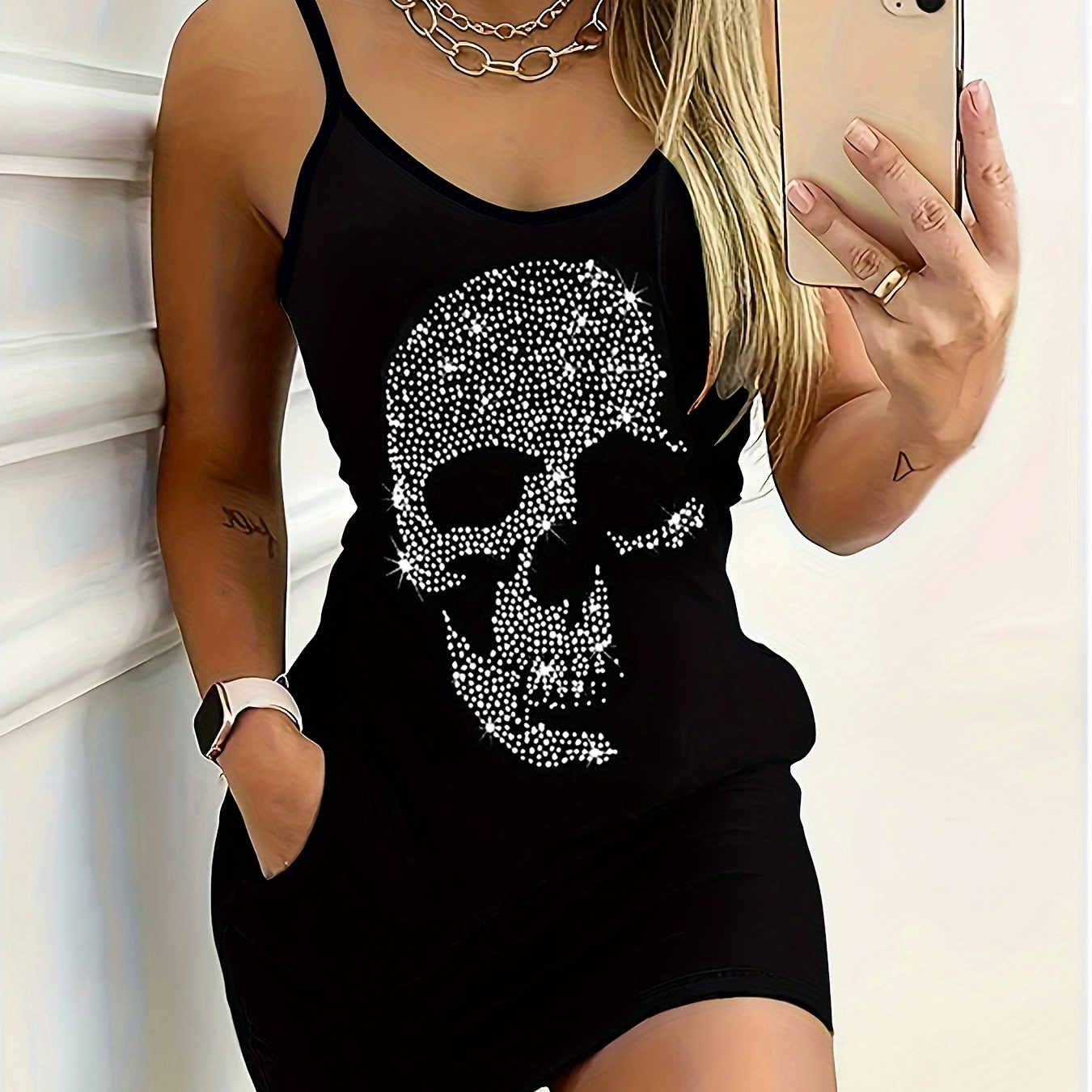 

Skull Pattern With Pocket Cami Dress, Young Sleeveless Spaghetti Strap Dress For Spring & Summer, Women's Clothing