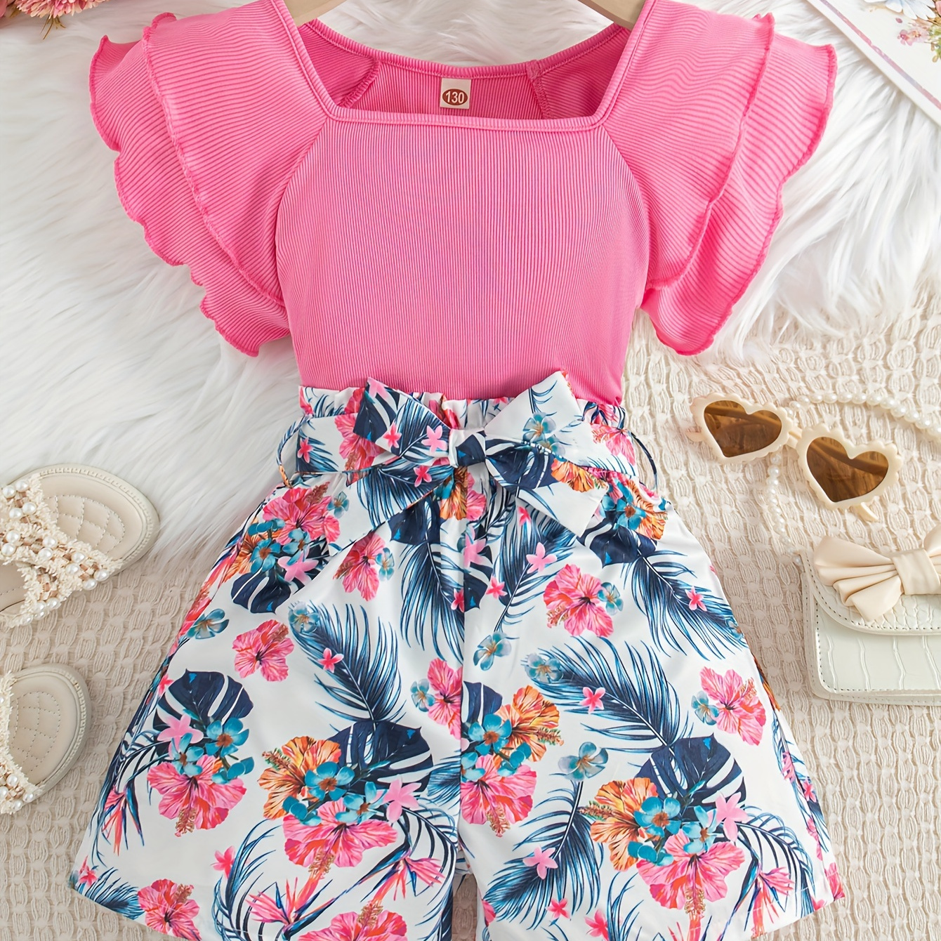 

Teen Girls 2pcs Square Neck Ruffle Sleeve Top & Tropical Floral High Waited Shorts Summer Two-piece Outfit