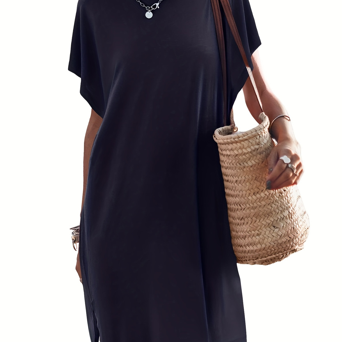 

Solid Split Dress, Casual Crew Neck Short Sleeve Summer Dress, Women's Clothing