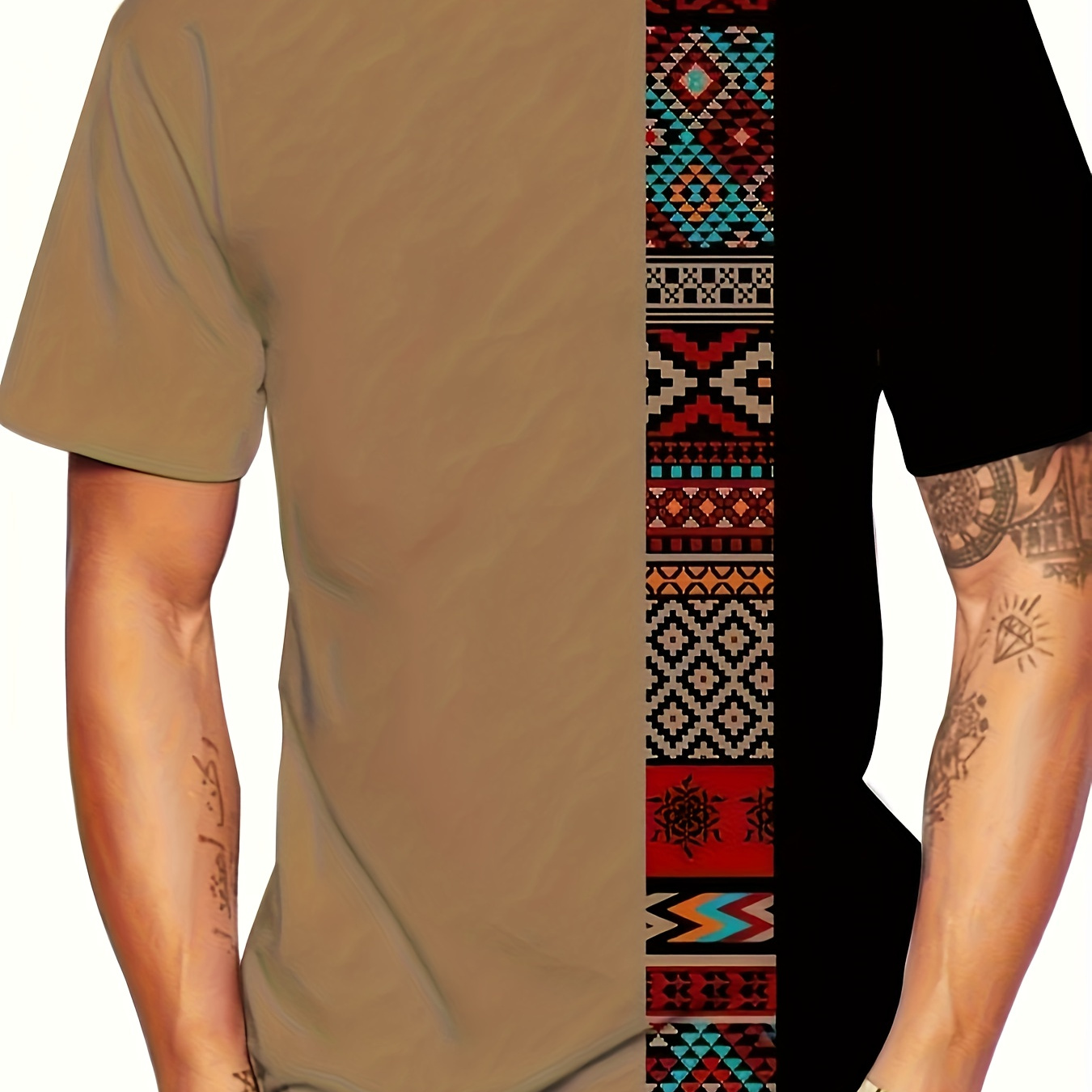 

Ethnic Pattern Design Color Block Crew Neck Short Sleeve T-shirt For Men, Casual Summer T-shirt For Daily Wear And Vacation Resorts