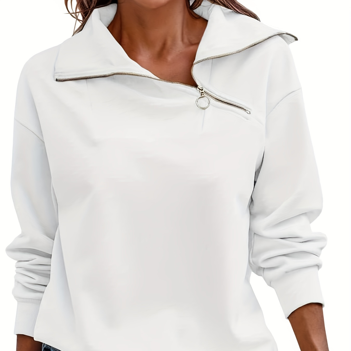 

Solid Color Zip Collared Sweatshirt, Casual Long Sleeve Asymmetrical Sweatshirt, Women's Clothing
