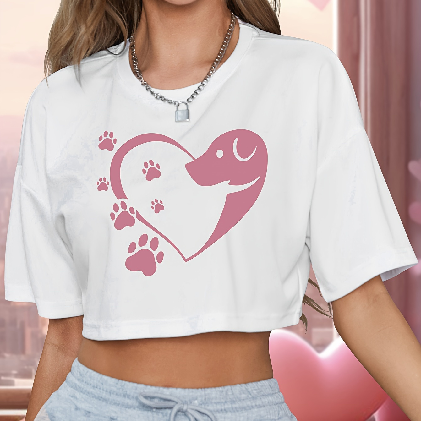 

Stylish Love Heart Print Round Neck Cropped Top, Fashion Casual Stretch Short Sleeve Sport T-shirt, Women's Clothing