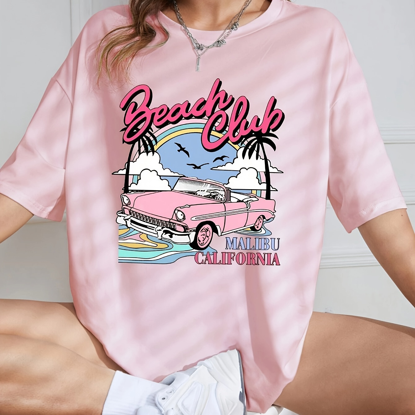 

Beach Club Print Crew Neck T-shirt, Short Sleeve Casual Top For Spring & Summer, Women's Clothing