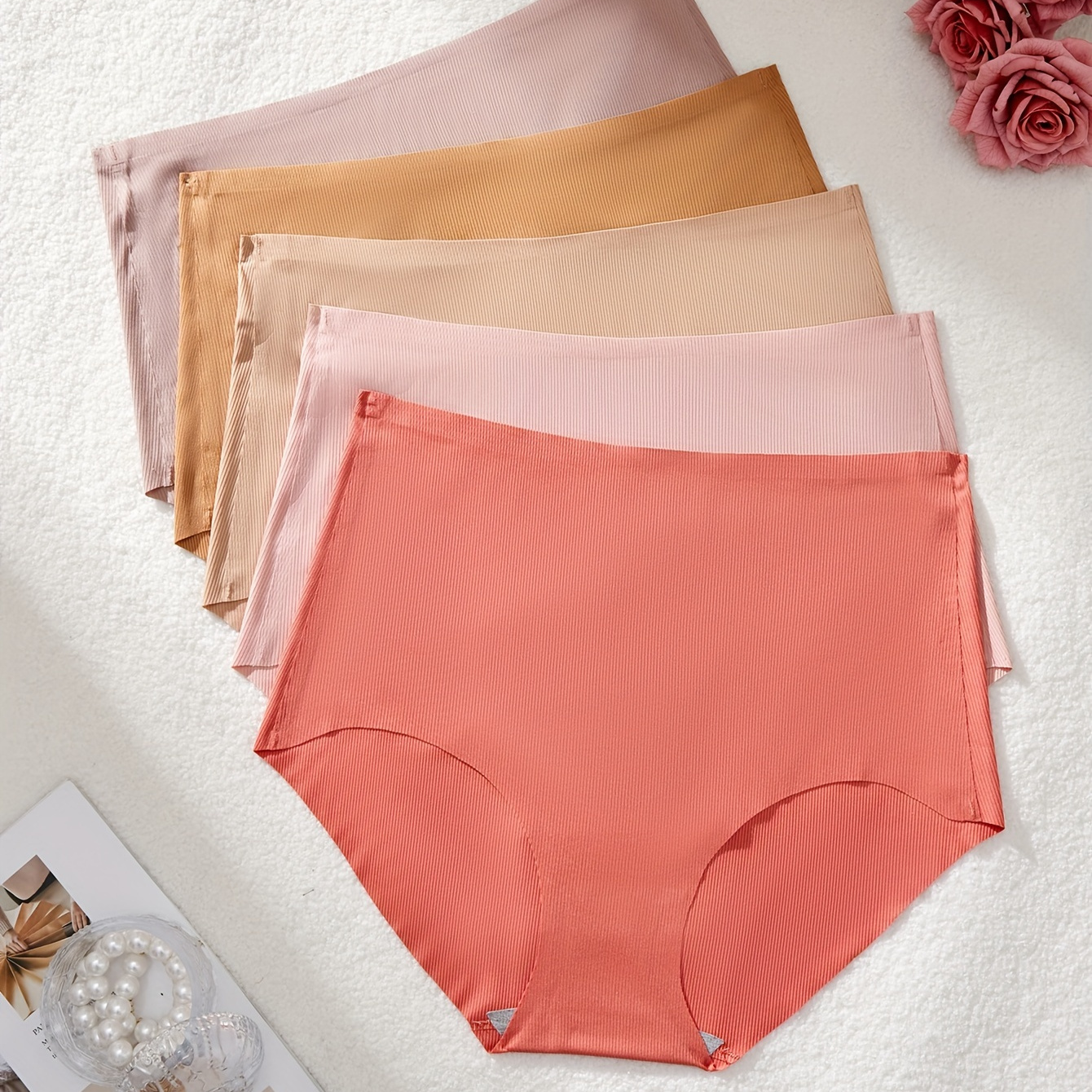 

5pcs Women's Plus Simple Panties, Plus Size Solid Ice Silk Seamless Comfy & Breathable Briefs
