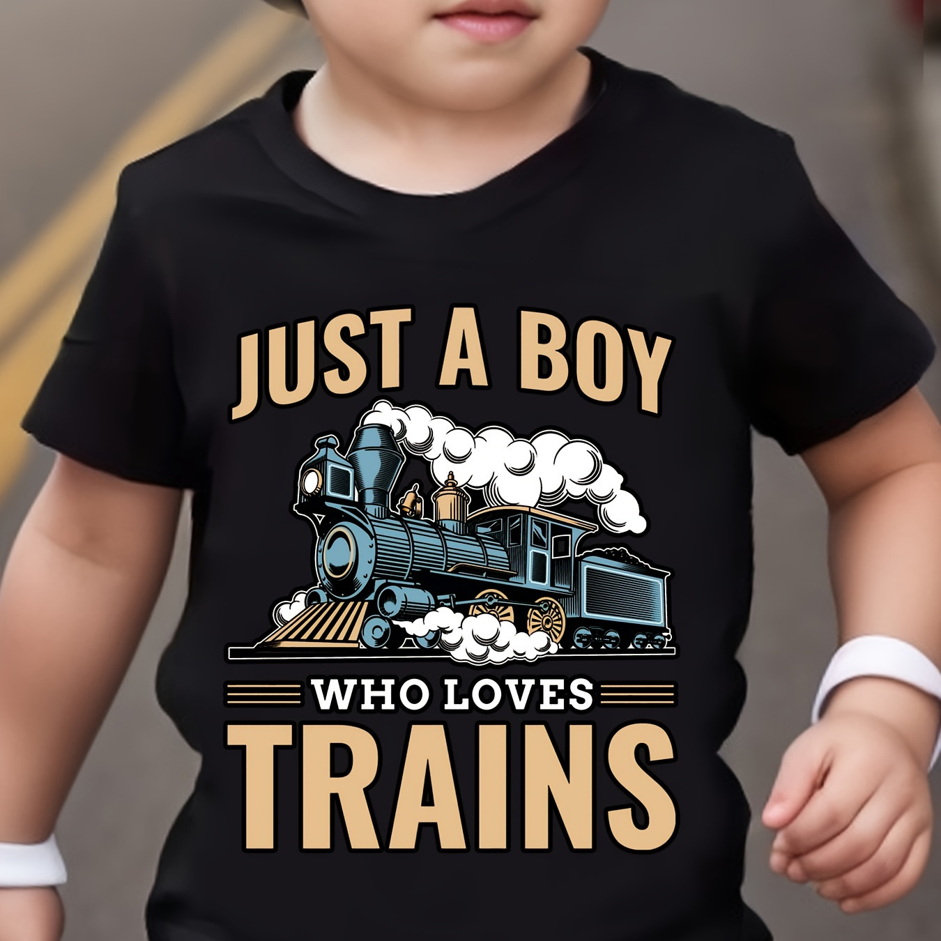 

Just A Boy Who Loves Trains Graphic Print T-shirt, Creative Short Sleeve Crew Neck Casual Daily Tops, Boy's Clothing