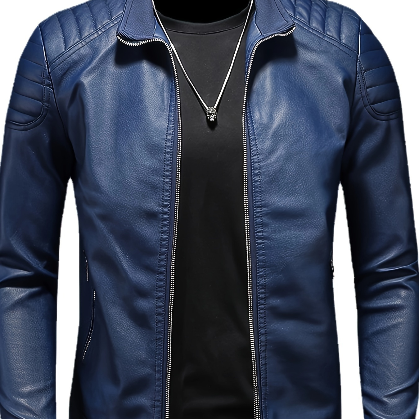 

Men's Solid Pu Leather Jacket With Zipper Pockets, Casual Stand Collar Zip Up Long Sleeve Outwear For Outdoor