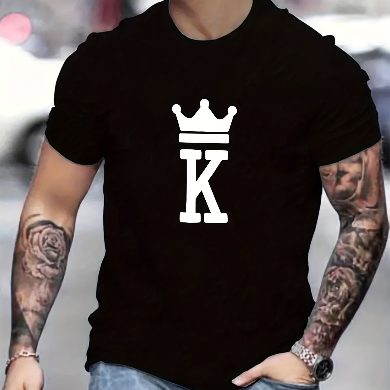 

Letter K In Crown Print T Shirt, Tees For Men, Casual Short Sleeve T-shirt For Summer