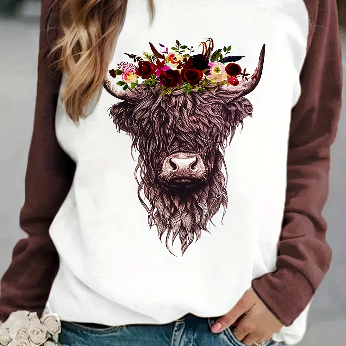 

Cow Print Pullover Sweatshirt, Casual Raglan Sleeve Crew Neck Sweatshirt For Fall & Winter, Women's Clothing