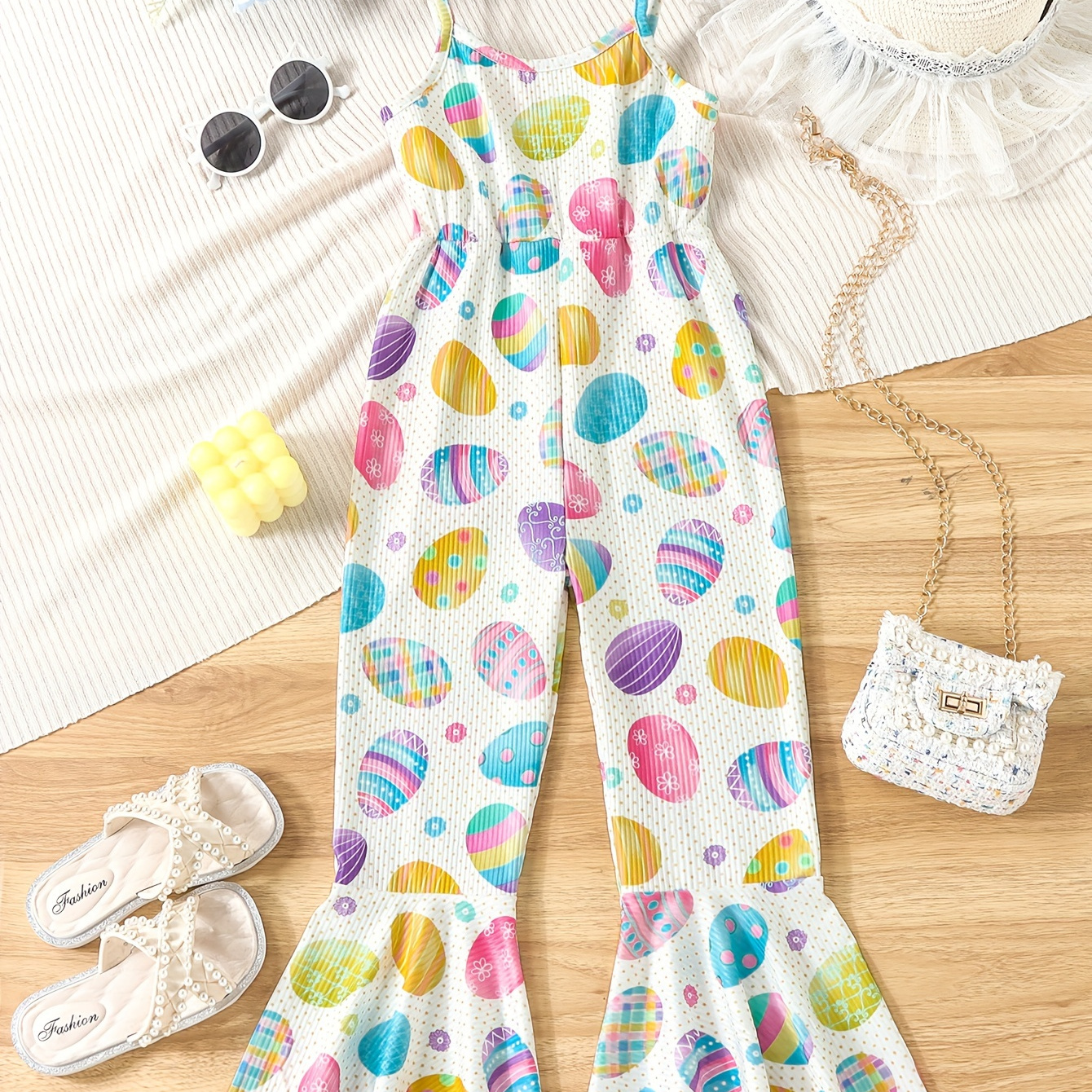 

Easter Girls 1pc Bell Bottom Jumpsuit, Holiday Style Eggs Print Cami Flared Jumpsuit For Going Out Party Playwear