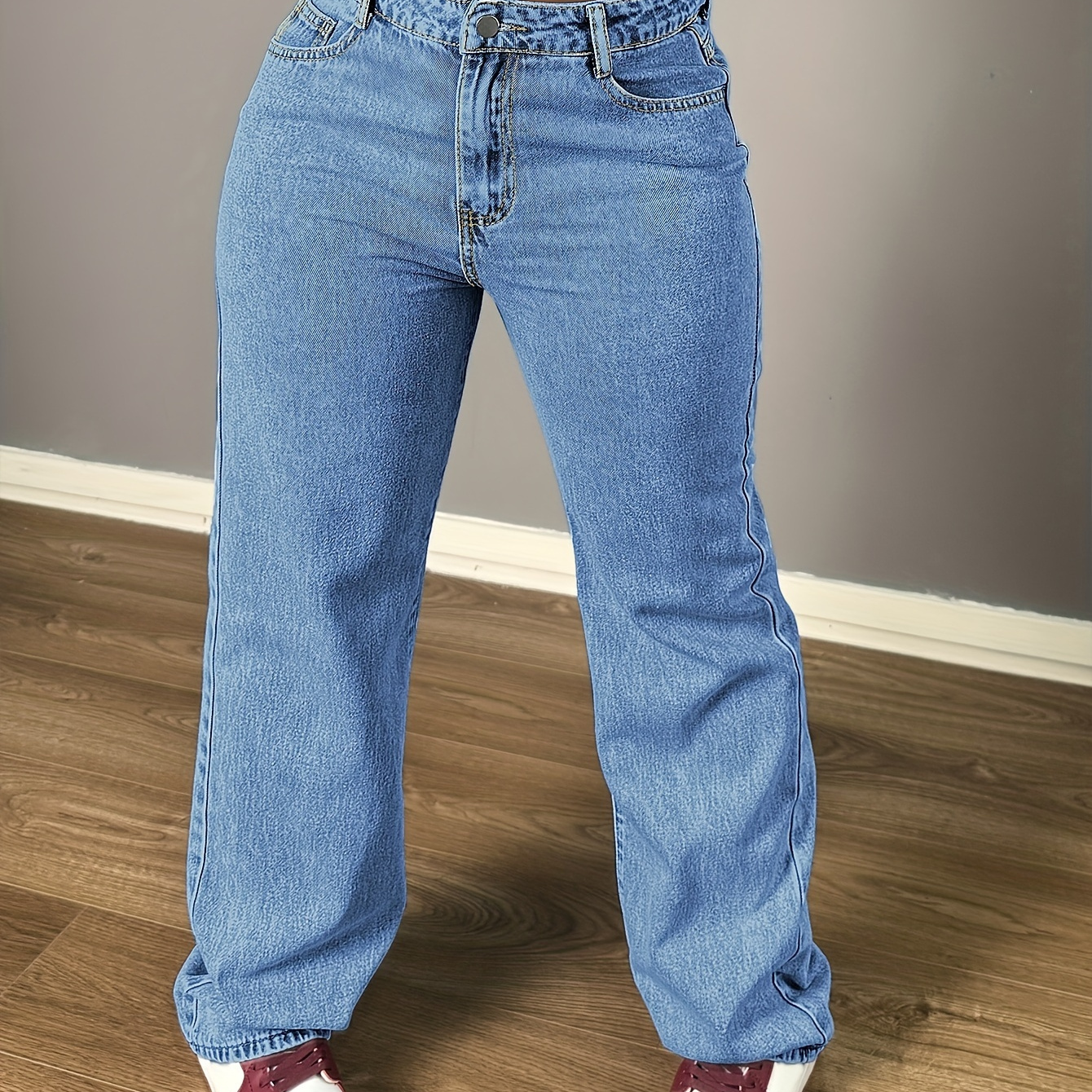 

Loose Wide Leg Casual Straight Leg Jeans, Pocket Non Stretch Jeans, , Women' And Clothing