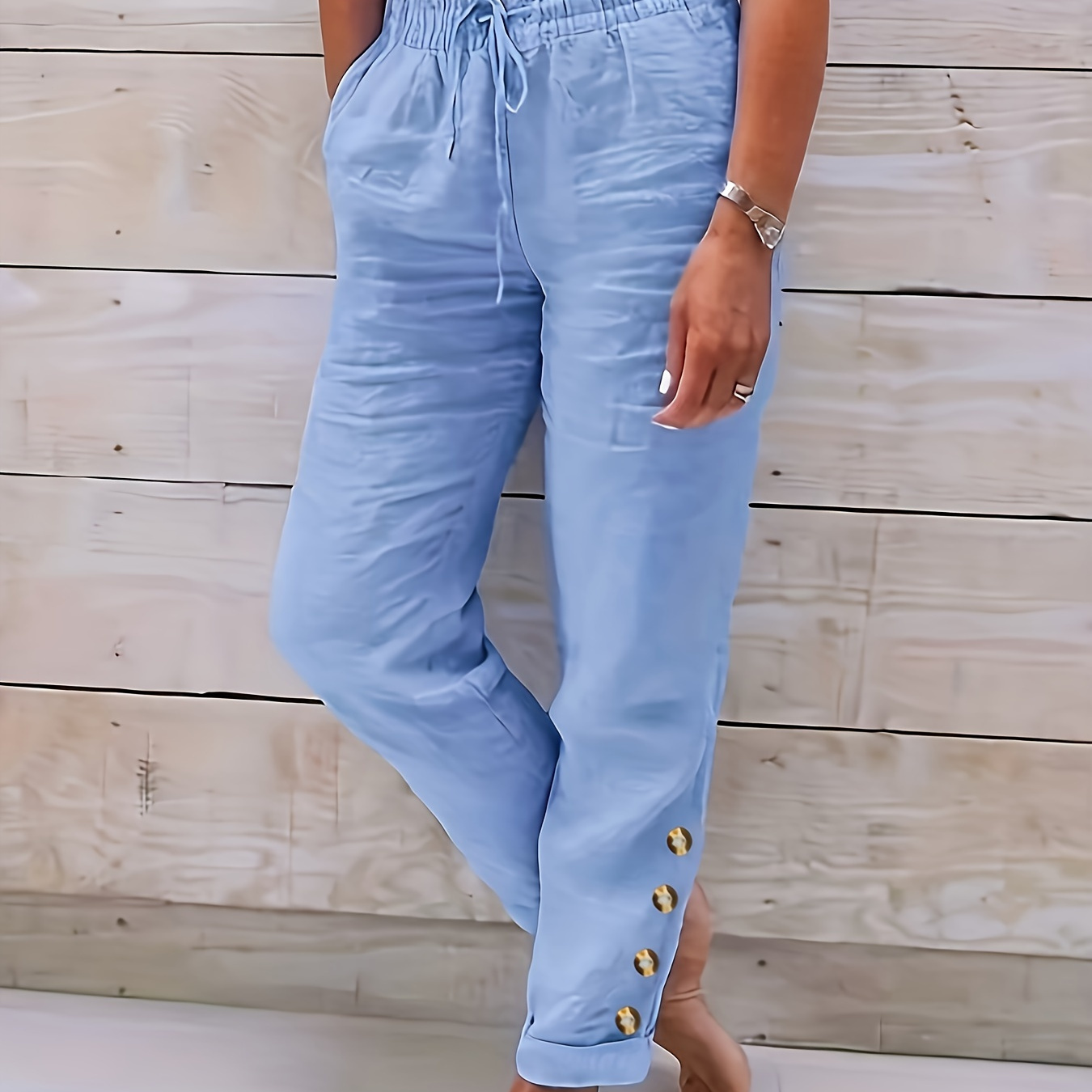 

Drawstring Waist Button Decor Pants, Casual Solid Color Simple Pants For Spring & Fall, Women's Clothing