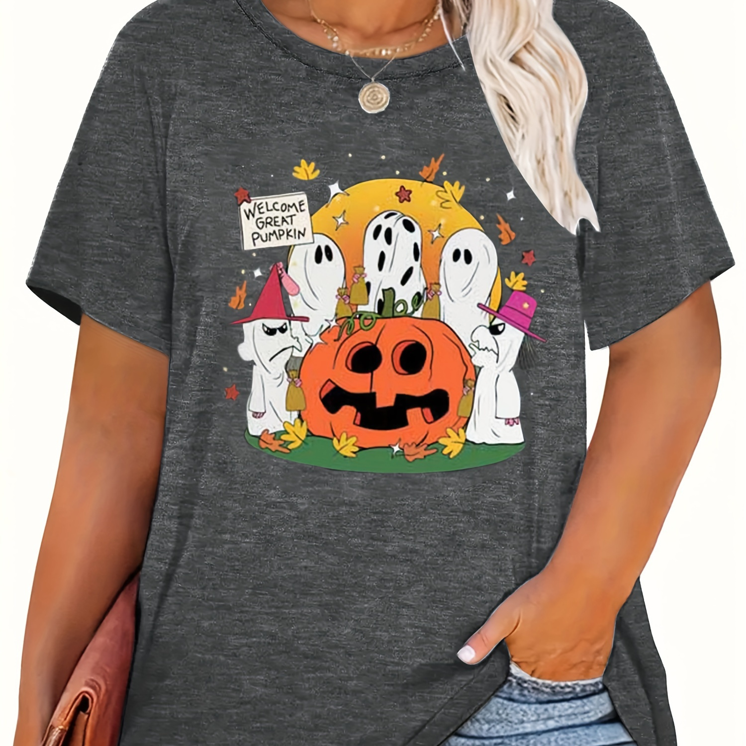 

Plus Size Pumpkin & Ghost Print T-shirt, Casual Short Sleeve Crew Neck Top, Women's Plus Size Clothing
