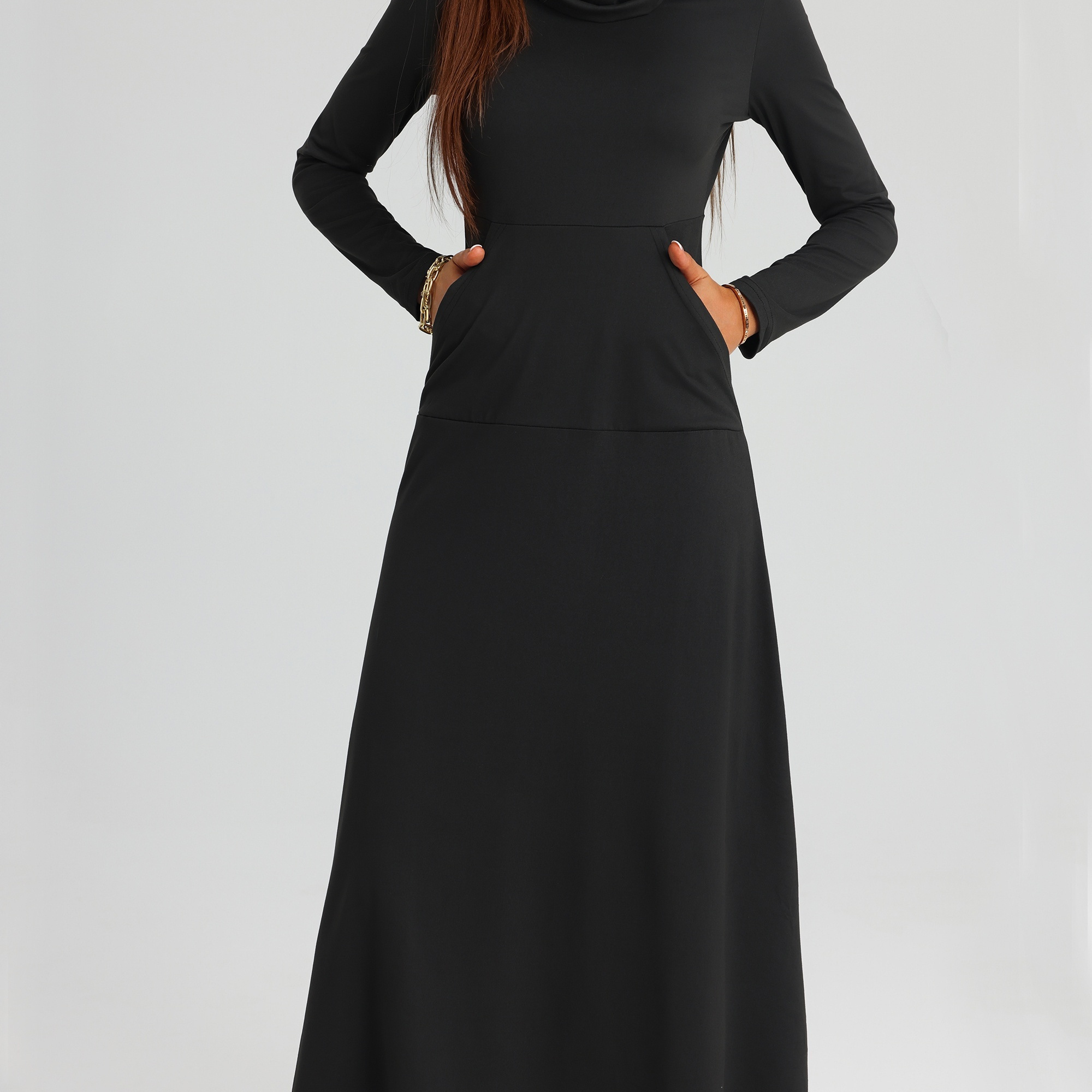 

Pile Collar Pocket Front Dress, Elegant Long Sleeve Maxi Dress, Women's Clothing