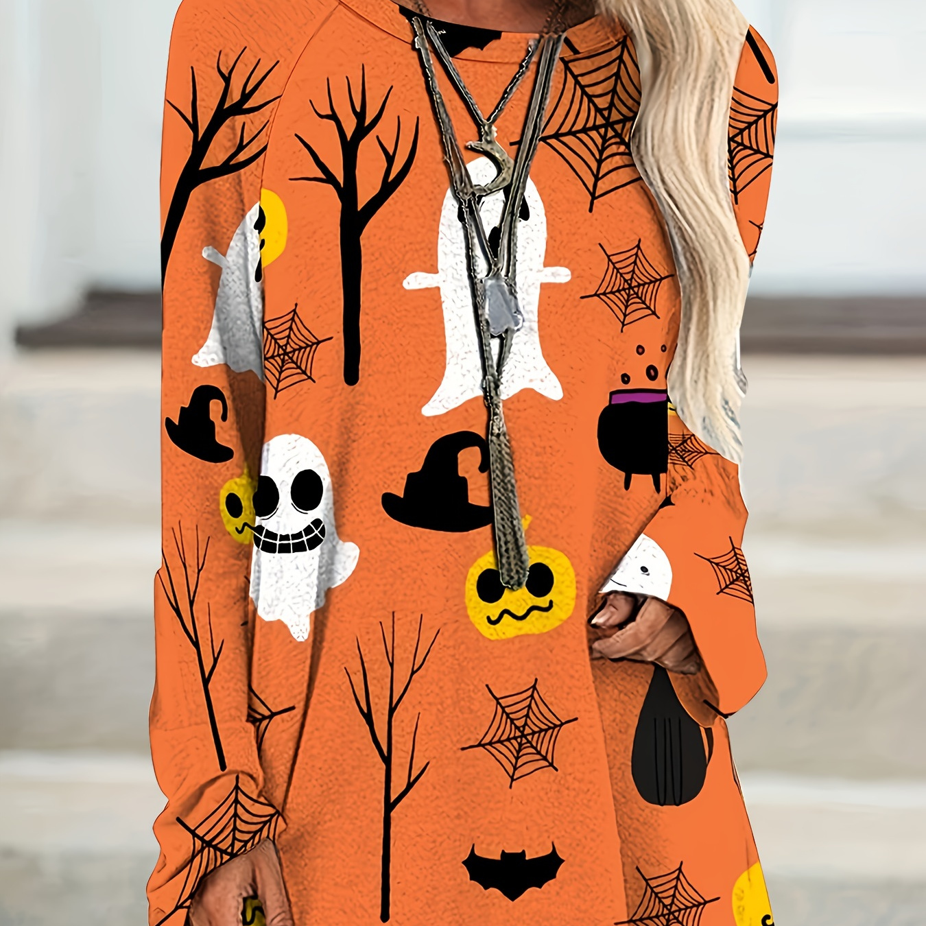 

Halloween Allover Print Crew Neck T-shirt, Oversized Long Sleeve T-shirt For Spring & Fall, Women's Clothing