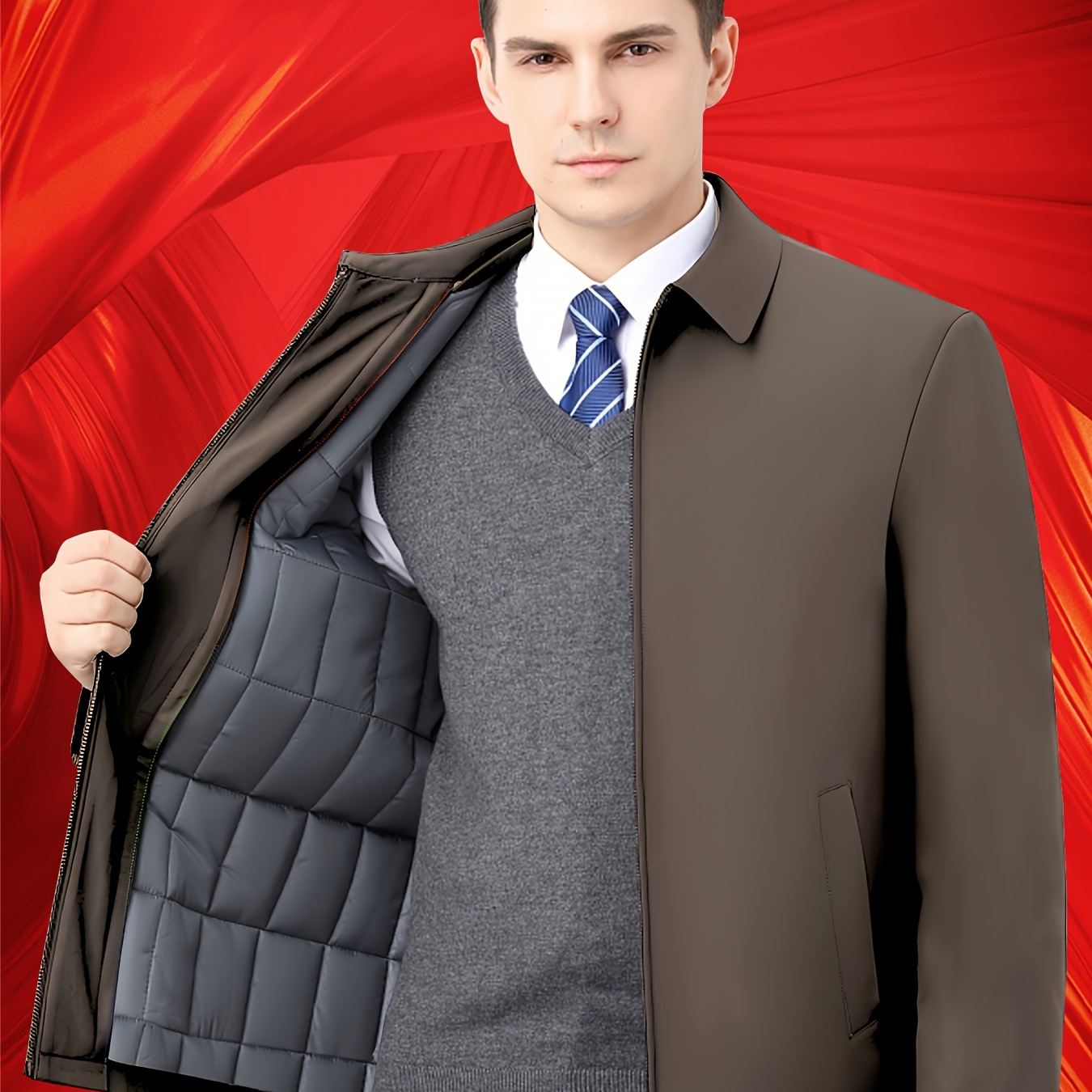 

Longdafei Men's Winter Thickened High-end Turnback Collar Jacket For Middle-aged And Elderly Business Casual Solid Color Coat