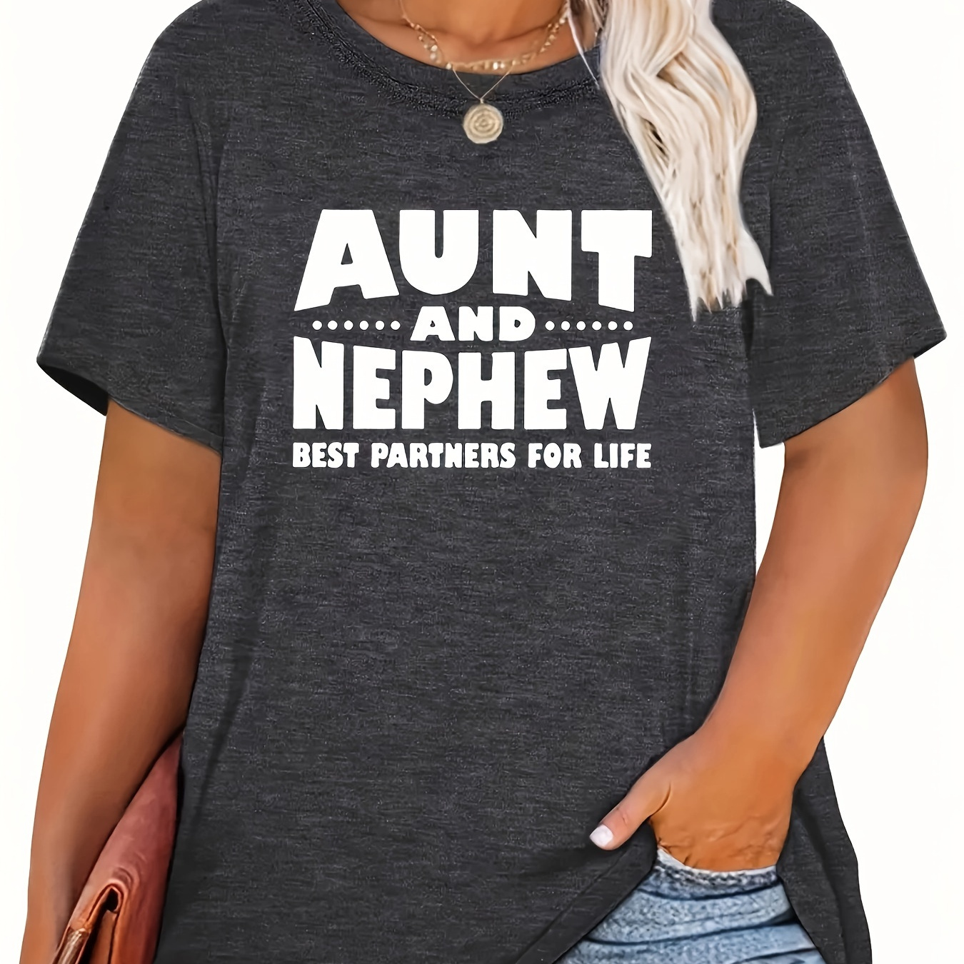 

Plus Size Aunt And Nephew Print T-shirt, Comfortable Casual Short Sleeve Crew Neck Top For Summer & Spring, Women's Plus Size Clothing