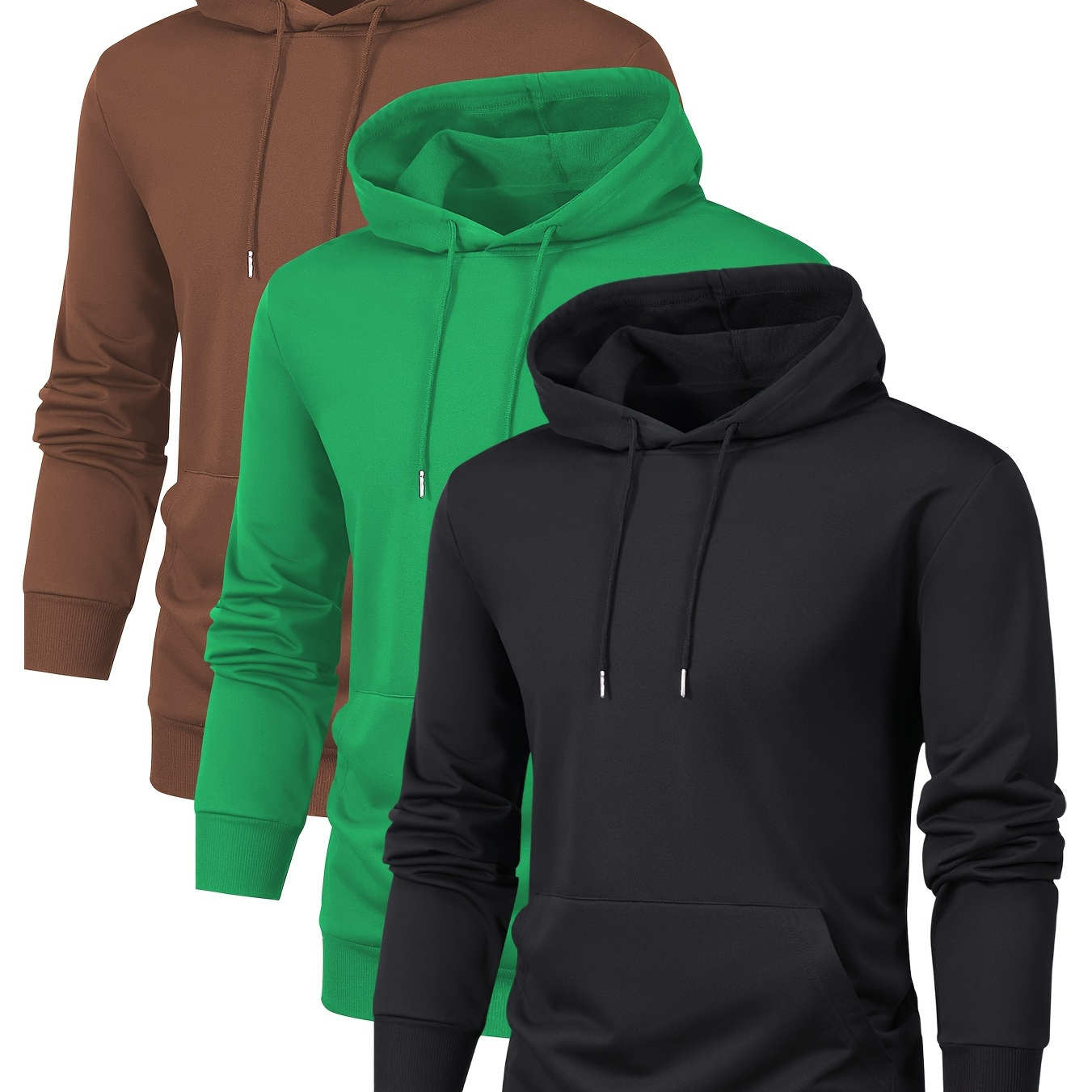 

Three-piece Set Of Men's Spring And Autumn Solid Casual Long Sleeve Hooded Sweatshirt With Pocket And Drawstring, Outdoor Hoodie
