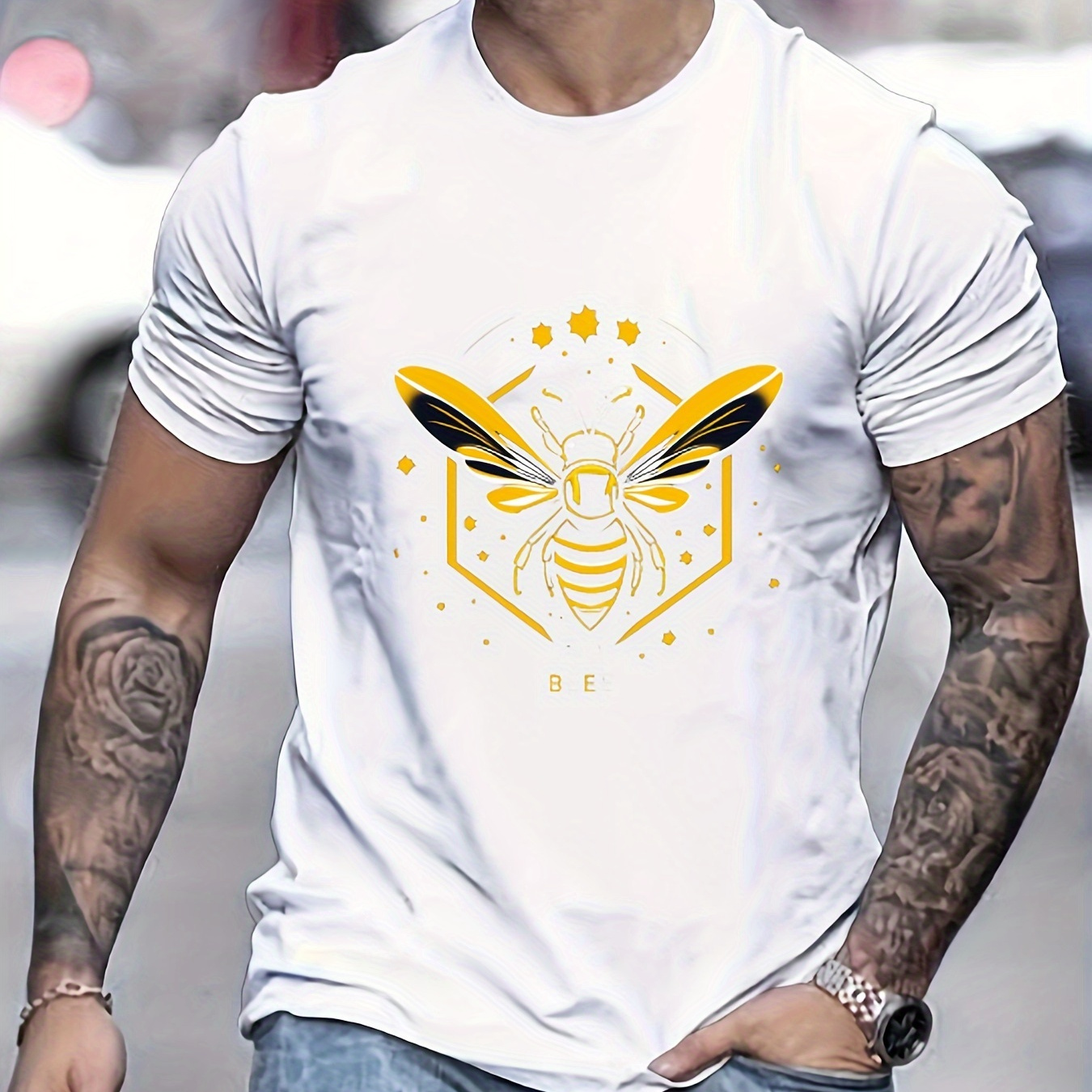 

Bee Print Tees For Men, Casual Crew Neck Short Sleeve T-shirt, Comfortable Breathable T-shirt For All Seasons