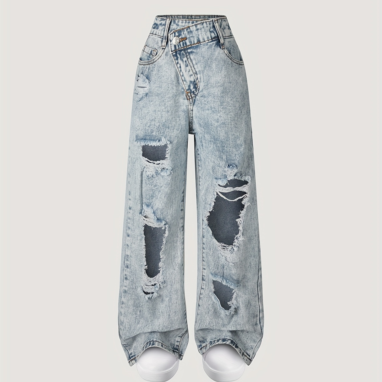 

Stylish Ripped Jeans For Teen Girls, Regular Fit Straight Leg Destroyed Denim Pants