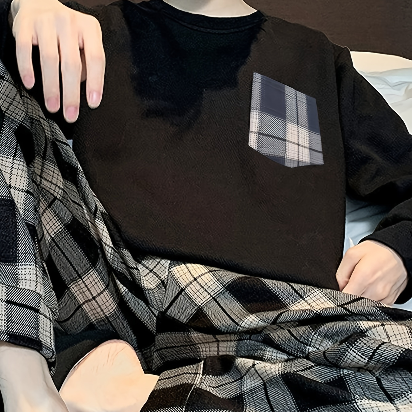 

High-end 2 Pcs Men's Classic Plaid Pocket Long Sleeve & Plaid Long Pants Pajama Set, Comfortable & Skin-friendly Pajamas For Men's Cozy Loungewear