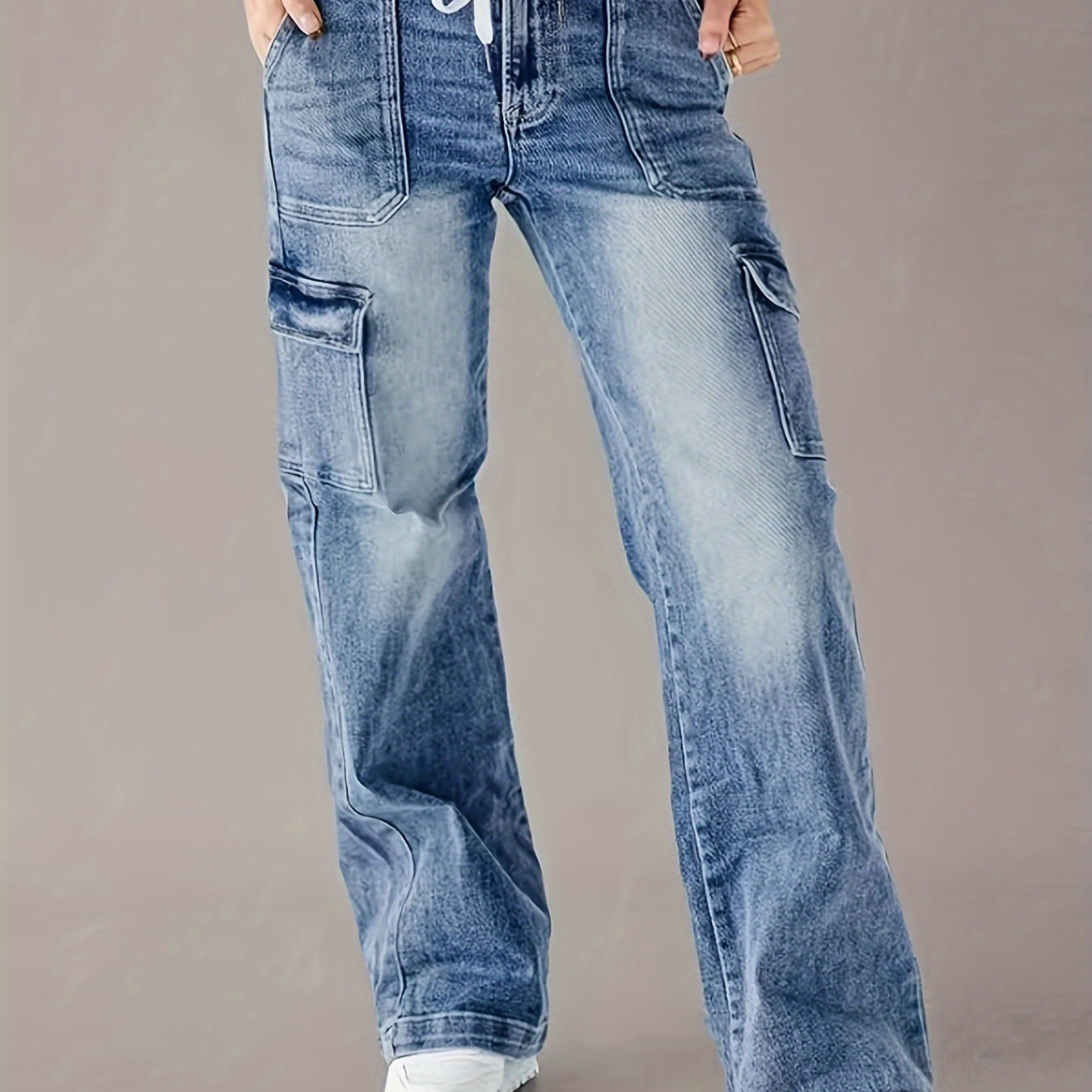 

Casual Washed Denim Jeans, Mid Stretch Loose Fit Denim Cargo Pants With Flap Pockets, Women's Denim Jeans & Clothing