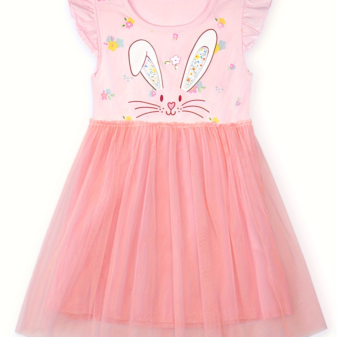 

Girls' Short-sleeved Dress Pink Bunny Gauze Patchwork Flying Sleeve Round Neck Comfortable Casual Summer Dress 2-7y