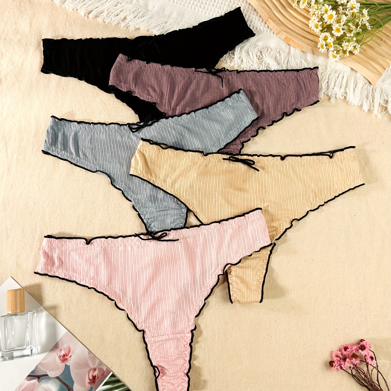 

5pcs Women's Plus Cute Panties, Plus Size Bow Decor Ruched Contrast Binding No Show Thongs