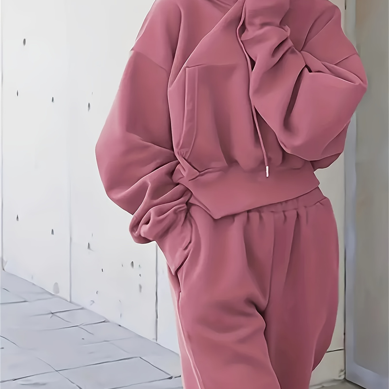

2 Piece Sports Set, Loose Solid Color Hooded Pocket Drawstring Sweatshirt And Sweatpants Set, Women's Clothing