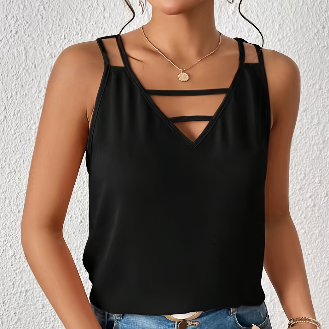 

Cut Out V Neck Sleeveless Blouse, Casual Solid Color Tank Top For Spring & Summer, Women's Clothing