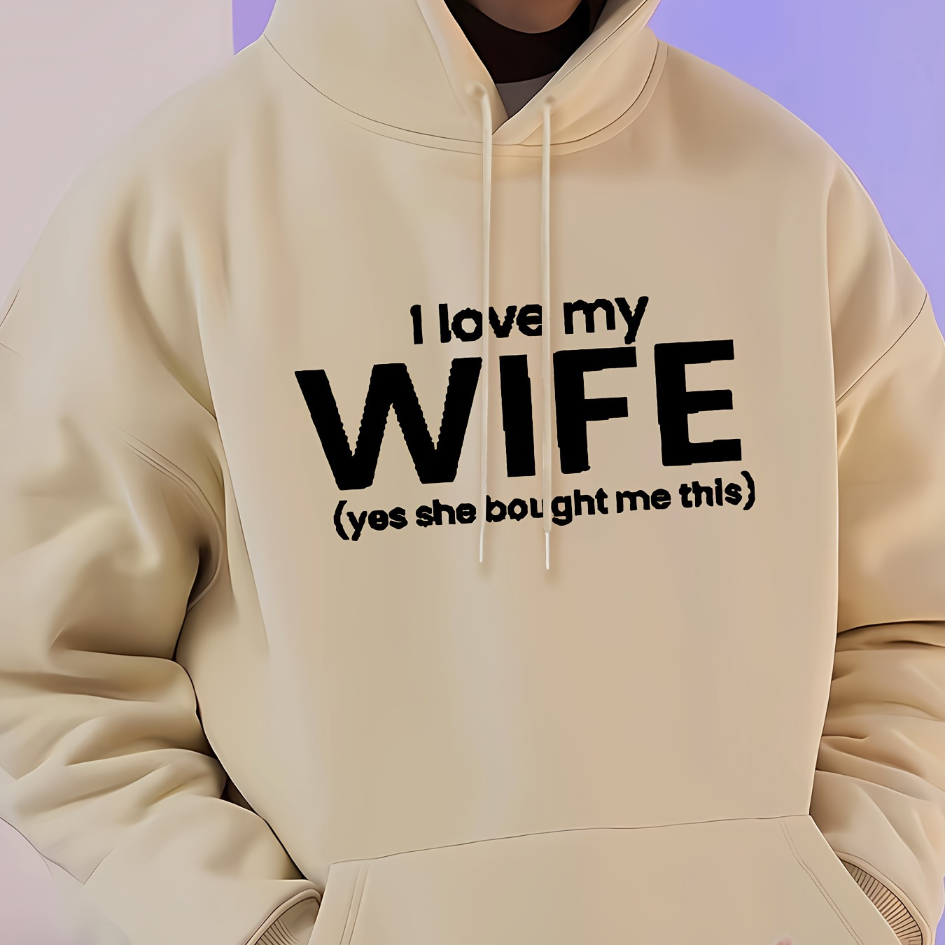 

I Love My Wife Print Hoodie, Cool Hoodies For Men, Men's Casual Pullover Hooded Sweatshirt With Kangaroo Pocket Streetwear For Winter Fall, As Gifts