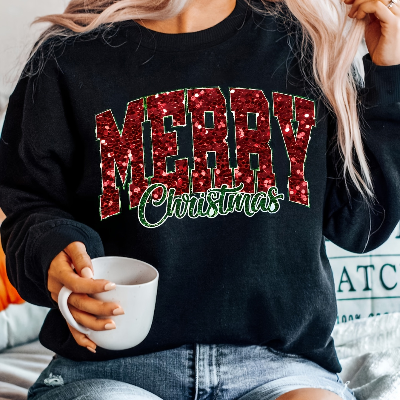 

1pc Dzpk12021 Women's Plus Size Sweatshirt, Polyester Christmas , For Fall/